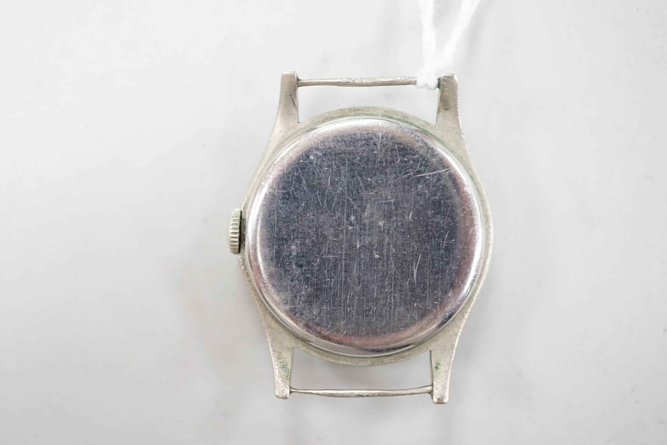 A 1930's/1940's? stainless steel Zenith black dial manual wind wrist watch, case diameter 30mm, no strap.